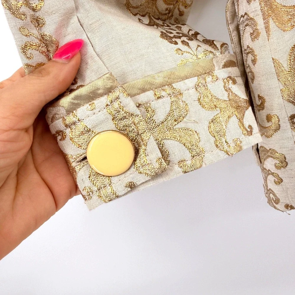Tory Burch Crop Jacket Women 4 Pre-Owned Gold Damask Metallic Linen Blend Blazer